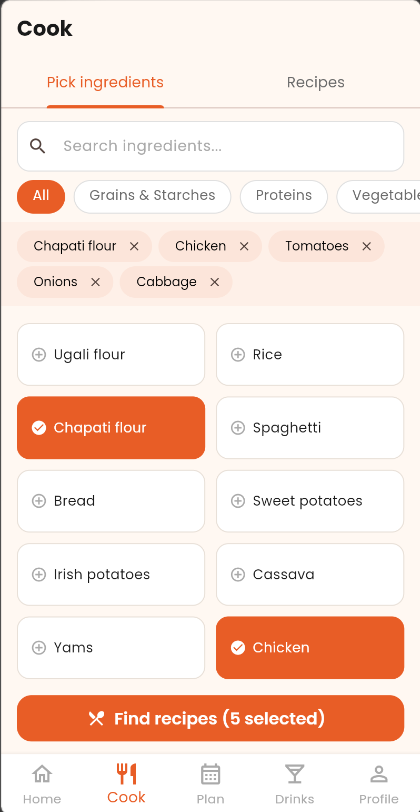 Cook screen — pick your ingredients