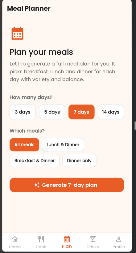 Meal planner screen — 7-day plan