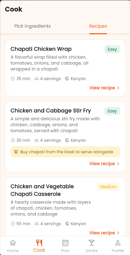 Recipes screen — AI-generated suggestions